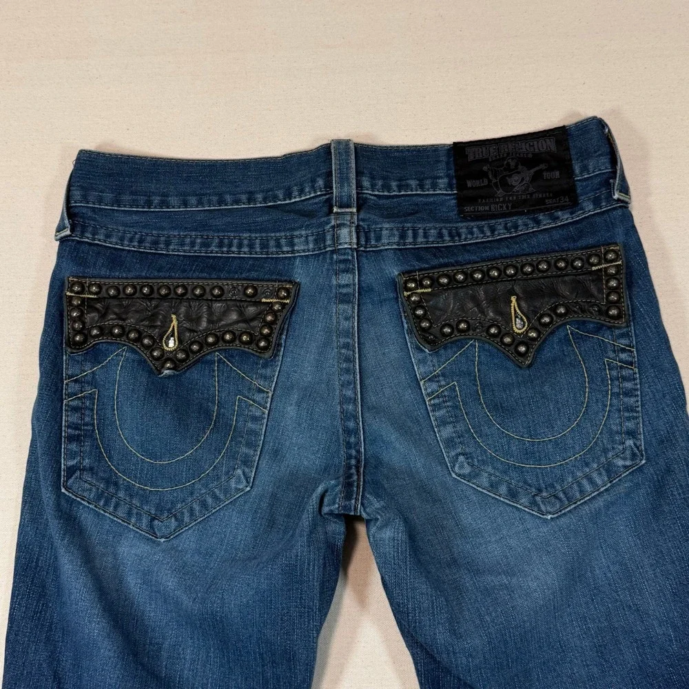 Vintage True Religion Mens Studded Leather Trim Jeans USA Made Size 36x30.5 y2K